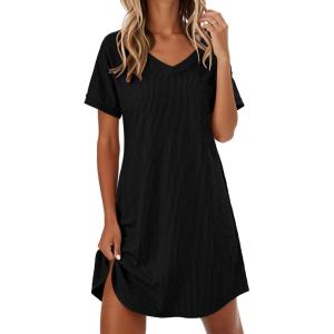 image:imageEkouaer Womens Nightgowns Short Sleeve Sleepshirt V Neck Top Shirt Dress Soft Nightshirts Loose Loungewear S3XLBlack