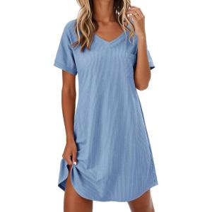 image:imageEkouaer Womens Nightgowns Short Sleeve Sleepshirt V Neck Top Shirt Dress Soft Nightshirts Loose Loungewear S3XLBlue
