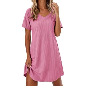 image:imageEkouaer Womens Nightgowns Short Sleeve Sleepshirt V Neck Top Shirt Dress Soft Nightshirts Loose Loungewear S3XLCoral Pink