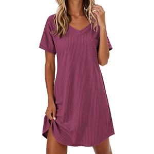image:imageEkouaer Womens Nightgowns Short Sleeve Sleepshirt V Neck Top Shirt Dress Soft Nightshirts Loose Loungewear S3XLDark Pink