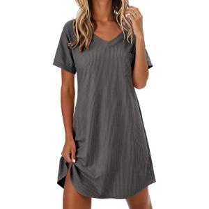 image:imageEkouaer Womens Nightgowns Short Sleeve Sleepshirt V Neck Top Shirt Dress Soft Nightshirts Loose Loungewear S3XLGray