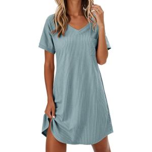 image:imageEkouaer Womens Nightgowns Short Sleeve Sleepshirt V Neck Top Shirt Dress Soft Nightshirts Loose Loungewear S3XLGreen
