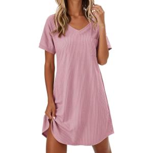 image:imageEkouaer Womens Nightgowns Short Sleeve Sleepshirt V Neck Top Shirt Dress Soft Nightshirts Loose Loungewear S3XLLight Pink