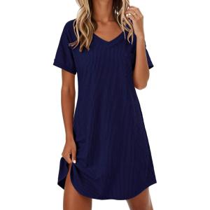 image:imageEkouaer Womens Nightgowns Short Sleeve Sleepshirt V Neck Top Shirt Dress Soft Nightshirts Loose Loungewear S3XLNavy Blue