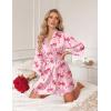 image:imageEkouaer Silk Robe for Women Short Satin Robe 34 Sleeves Lace Trim Kimono Bathrobe Sexy Bride Bridsmaid Sleepwear with PocketPink Bow