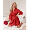 image:imageEkouaer Silk Robe for Women Short Satin Robe 34 Sleeves Lace Trim Kimono Bathrobe Sexy Bride Bridsmaid Sleepwear with PocketRed