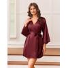image:imageEkouaer Silk Robe for Women Short Satin Robe 34 Sleeves Lace Trim Kimono Bathrobe Sexy Bride Bridsmaid Sleepwear with PocketWine Red