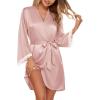 image:imageEkouaer Silk Robe for Women Short Satin Robe 34 Sleeves Lace Trim Kimono Bathrobe Sexy Bride Bridsmaid Sleepwear with PocketDusty Pink