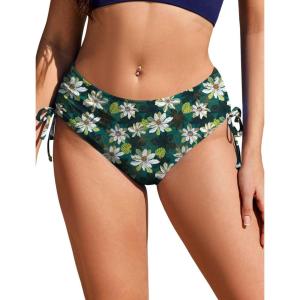 image:imageEkouaer Bikini Bottoms for Women Mid Waist Swim Bottom Full Coverage Swim Bathing Suit Bottom Adjustable Side Tie Swim ShortsWhite Flowers Green Leaves