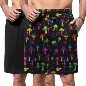 image:imageEkouaer Mens Pajama Shorts Soft Sleepwear Bottoms Elastic Waistband Loungewear Breathable Men Shorts with PocketsColorful Mushrooms and Solid Black