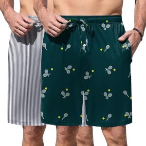 image:imageEkouaer Mens Pajama Shorts Soft Sleepwear Bottoms Elastic Waistband Loungewear Breathable Men Shorts with PocketsStripe and Dark Green Print