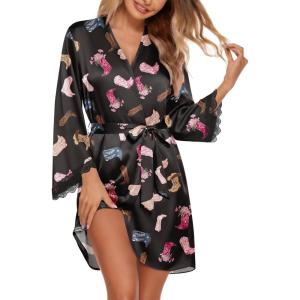 image:imageEkouaer Silk Robe for Women Short Satin Robe 34 Sleeves Lace Trim Kimono Bathrobe Sexy Bride Bridsmaid Sleepwear with PocketBlack Boots