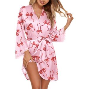image:imageEkouaer Silk Robe for Women Short Satin Robe 34 Sleeves Lace Trim Kimono Bathrobe Sexy Bride Bridsmaid Sleepwear with PocketPink Bow
