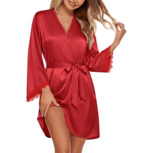 image:imageEkouaer Silk Robe for Women Short Satin Robe 34 Sleeves Lace Trim Kimono Bathrobe Sexy Bride Bridsmaid Sleepwear with PocketRed