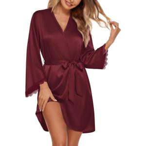 image:imageEkouaer Silk Robe for Women Short Satin Robe 34 Sleeves Lace Trim Kimono Bathrobe Sexy Bride Bridsmaid Sleepwear with PocketWine Red