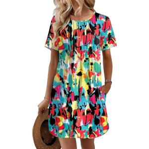 image:imageEkouaer Swimsuit Coverup for Women 2026 Short Sleeve Bathing Suit Cover Ups Beach Summer TShirt Dresses with PocketsColourful