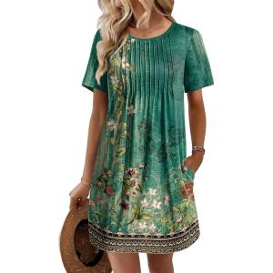 image:imageEkouaer Swimsuit Coverup for Women 2026 Short Sleeve Bathing Suit Cover Ups Beach Summer TShirt Dresses with PocketsGreen Floral