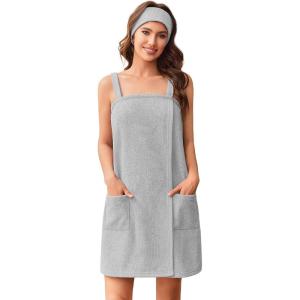 image:imageEkouaer Towel Wrap for Women Spa Bath Robe Lightweight Terry Cloth Wrap Adjustable Shower Robe with Headband SXLGrey