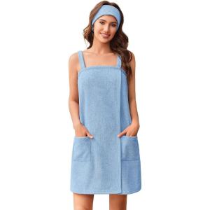 image:imageEkouaer Towel Wrap for Women Spa Bath Robe Lightweight Terry Cloth Wrap Adjustable Shower Robe with Headband SXLLight Blue