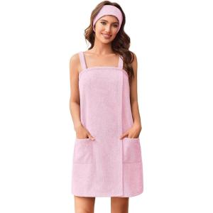 image:imageEkouaer Towel Wrap for Women Spa Bath Robe Lightweight Terry Cloth Wrap Adjustable Shower Robe with Headband SXLPink