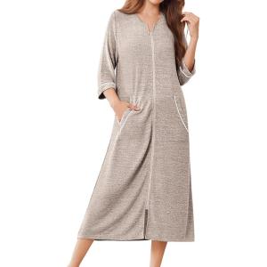 image:imageEkouaer Zipper Robes for Women 34 Sleeve Bathrobe Lightweight House Coats for Women with Pockets Long Moo Moo NightgownKhaki