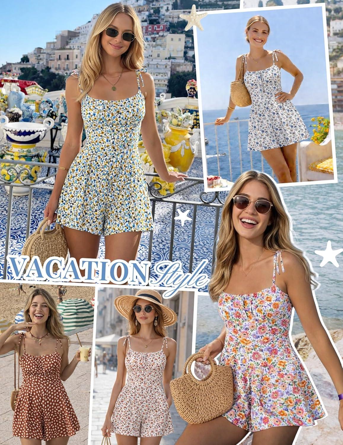 image:imageEkouaer Rompers for Women Boho Floral Summer Romper Sleeveless Spaghetti Strap Smocked Loose Casual Shorts JumpsuitsMulticolored Flowers