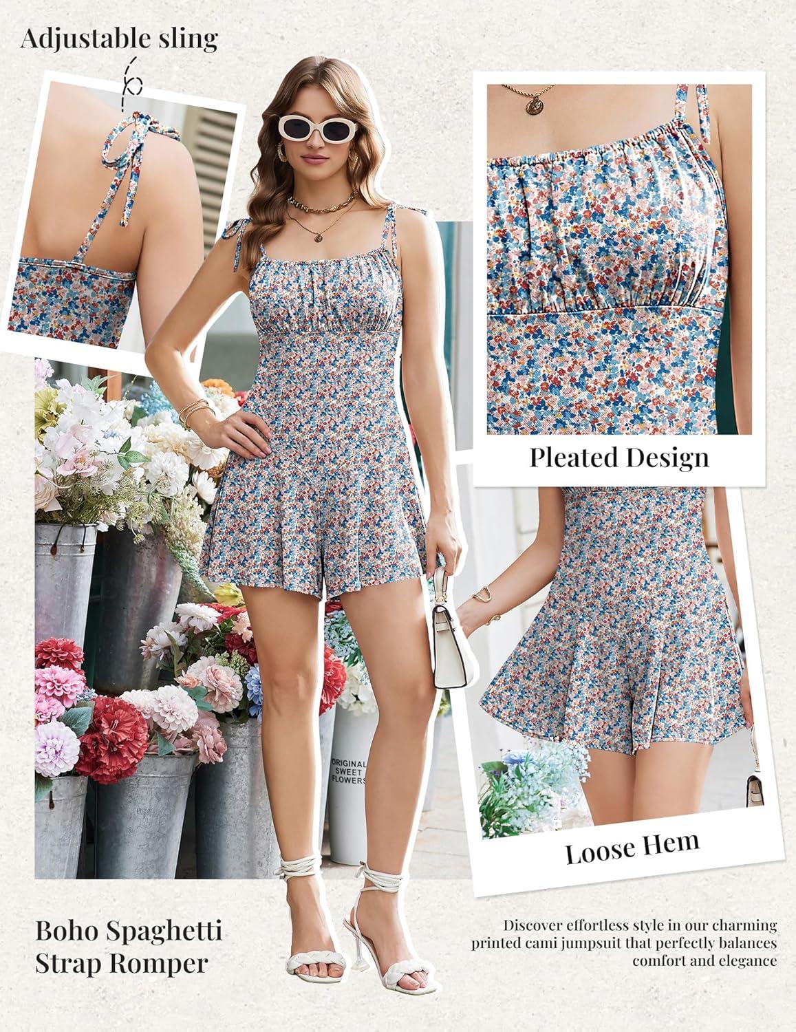 image:imageEkouaer Rompers for Women Boho Floral Summer Romper Sleeveless Spaghetti Strap Smocked Loose Casual Shorts JumpsuitsMulticolored Flowers
