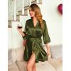 image:imageEkouaer Womens LaceTrim Silk Robes Bride Bridesmaid Kimono Satin Bathrobe V Neck Sleepwear with 34 SleeveArmy Green