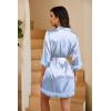 image:imageEkouaer Womens LaceTrim Silk Robes Bride Bridesmaid Kimono Satin Bathrobe V Neck Sleepwear with 34 SleeveBlue White Stripes