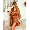 image:imageEkouaer Womens LaceTrim Silk Robes Bride Bridesmaid Kimono Satin Bathrobe V Neck Sleepwear with 34 SleeveCaramel Colour