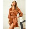 image:imageEkouaer Womens LaceTrim Silk Robes Bride Bridesmaid Kimono Satin Bathrobe V Neck Sleepwear with 34 SleeveCaramel Colour