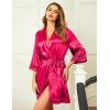 image:imageEkouaer Womens LaceTrim Silk Robes Bride Bridesmaid Kimono Satin Bathrobe V Neck Sleepwear with 34 SleeveCherry Red