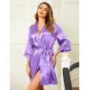 image:imageEkouaer Womens LaceTrim Silk Robes Bride Bridesmaid Kimono Satin Bathrobe V Neck Sleepwear with 34 SleeveLilac