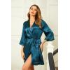 image:imageEkouaer Womens LaceTrim Silk Robes Bride Bridesmaid Kimono Satin Bathrobe V Neck Sleepwear with 34 SleevePeacock Blue