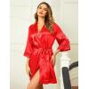 image:imageEkouaer Womens LaceTrim Silk Robes Bride Bridesmaid Kimono Satin Bathrobe V Neck Sleepwear with 34 SleeveRed