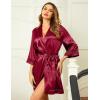 image:imageEkouaer Womens LaceTrim Silk Robes Bride Bridesmaid Kimono Satin Bathrobe V Neck Sleepwear with 34 SleeveWine Red