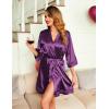 image:imageEkouaer Womens LaceTrim Silk Robes Bride Bridesmaid Kimono Satin Bathrobe V Neck Sleepwear with 34 SleeveWineberry