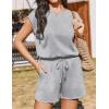 image:imageEkouaer Womens Romper with Pockets Summer Short Jumpsuit Casual Cap Sleeve Drawstring One Piece Lounge Vacation Beach OutfitGrey