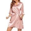 image:imageEkouaer Womens Satin Robe Valentines Lingerie for Women Kimono Bathrobe Short Ruffle Belted Robes Bridesmaids Sleepwear01pastel Pink
