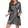image:imageEkouaer Womens Satin Robe Valentines Lingerie for Women Kimono Bathrobe Short Ruffle Belted Robes Bridesmaids SleepwearDeep Grey