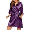 image:imageEkouaer Womens Satin Robe Valentines Lingerie for Women Kimono Bathrobe Short Ruffle Belted Robes Bridesmaids SleepwearDeep Purple