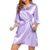image:imageEkouaer Womens Satin Robe Valentines Lingerie for Women Kimono Bathrobe Short Ruffle Belted Robes Bridesmaids SleepwearLavender