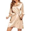 image:imageEkouaer Womens Satin Robe Valentines Lingerie for Women Kimono Bathrobe Short Ruffle Belted Robes Bridesmaids SleepwearLight Khaki
