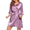 image:imageEkouaer Womens Satin Robe Valentines Lingerie for Women Kimono Bathrobe Short Ruffle Belted Robes Bridesmaids SleepwearPurple Red