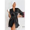 image:imageEkouaer Womens Satin Robes Silk Kimono Bath Robe Short Ruffled Hem Bride Bridesmaid Sleepwear with Pockets01black