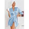 image:imageEkouaer Womens Satin Robes Silk Kimono Bath Robe Short Ruffled Hem Bride Bridesmaid Sleepwear with PocketsLight Blue
