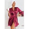 image:imageEkouaer Womens Satin Robes Silk Kimono Bath Robe Short Ruffled Hem Bride Bridesmaid Sleepwear with PocketsWine Red
