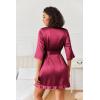 image:imageEkouaer Womens Satin Robes Silk Kimono Bath Robe Short Ruffled Hem Bride Bridesmaid Sleepwear with PocketsWine Red