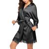 image:imageEkouaer Womens Silk Robe Short Lace Trim Satin Robe 34 Sleeve Sexy Kimono Bride Bathrobe Comfy Sleepwear with PocketsBlack