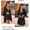 image:imageEkouaer Womens Silk Robe Short Lace Trim Satin Robe 34 Sleeve Sexy Kimono Bride Bathrobe Comfy Sleepwear with PocketsBlack